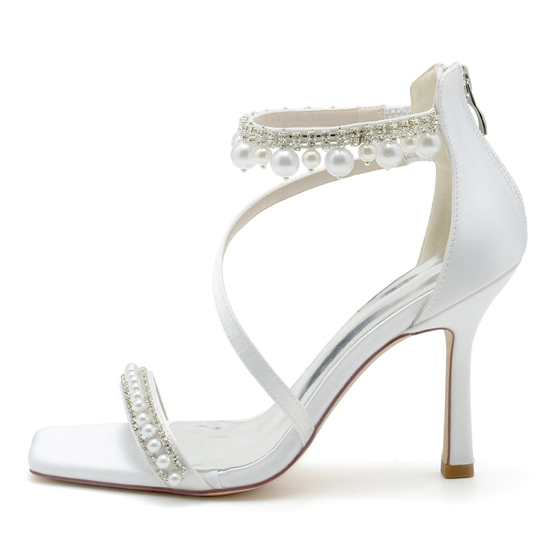 Women's Wedding Shoes Peep Toe High Heel Crossed Strap Buckle Bridal Shoes with Pearl