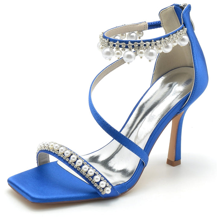 Women's Wedding Shoes Peep Toe High Heel Crossed Strap Buckle Bridal Shoes with Pearl