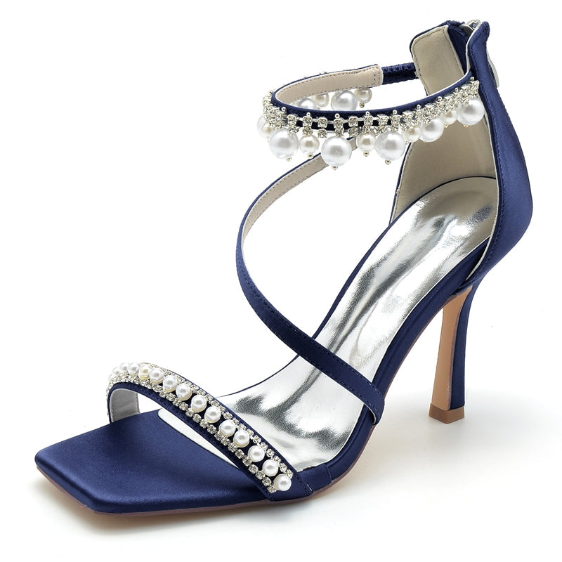 Women's Wedding Shoes Peep Toe High Heel Crossed Strap Buckle Bridal Shoes with Pearl