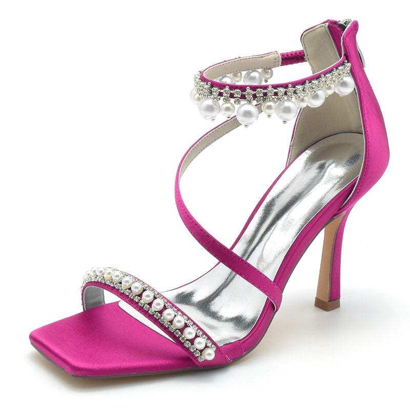 Women's Wedding Shoes Peep Toe High Heel Crossed Strap Buckle Bridal Shoes with Pearl