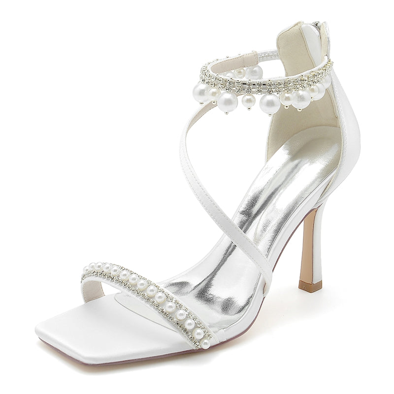 Women's Wedding Shoes Peep Toe High Heel Crossed Strap Buckle Bridal Shoes with Pearl