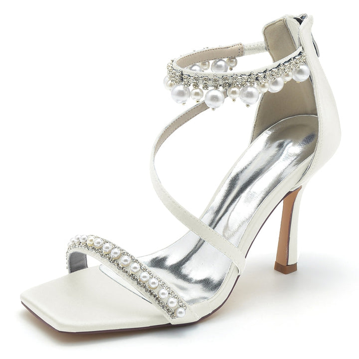Women's Wedding Shoes Peep Toe High Heel Crossed Strap Buckle Bridal Shoes with Pearl