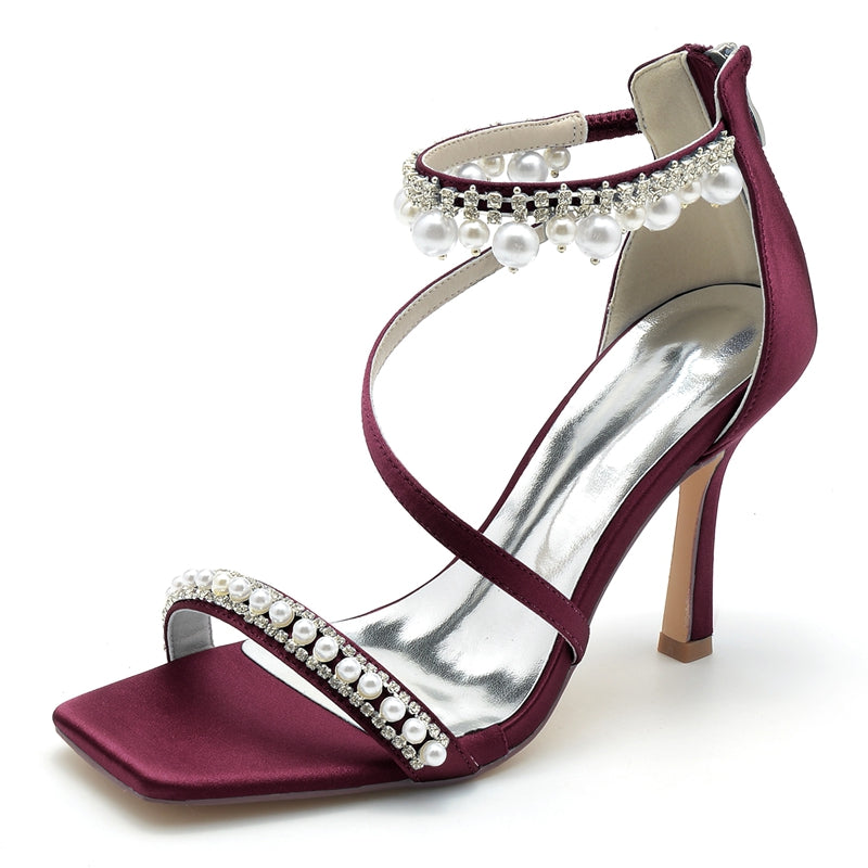 Women's Wedding Shoes Peep Toe High Heel Crossed Strap Buckle Bridal Shoes with Pearl