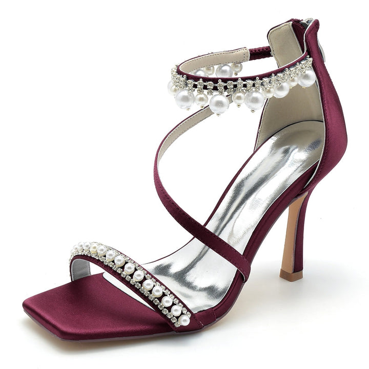 Women's Wedding Shoes Peep Toe High Heel Crossed Strap Buckle Bridal Shoes with Pearl