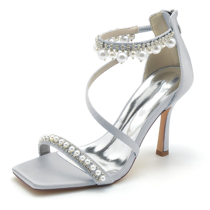 Women's Wedding Shoes Peep Toe High Heel Crossed Strap Buckle Bridal Shoes with Pearl