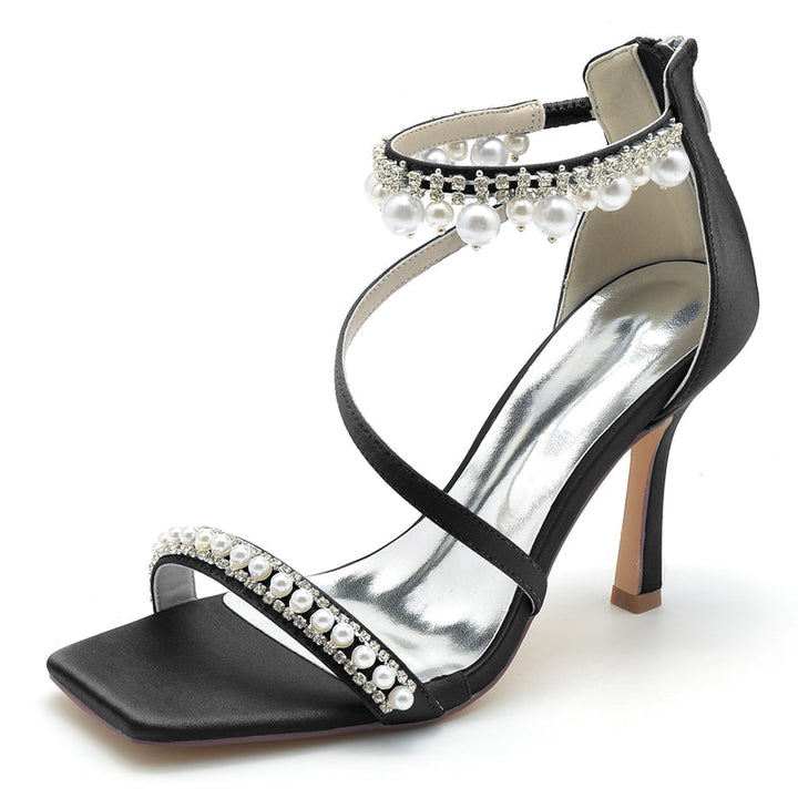Women's Wedding Shoes Peep Toe High Heel Crossed Strap Buckle Bridal Shoes with Pearl