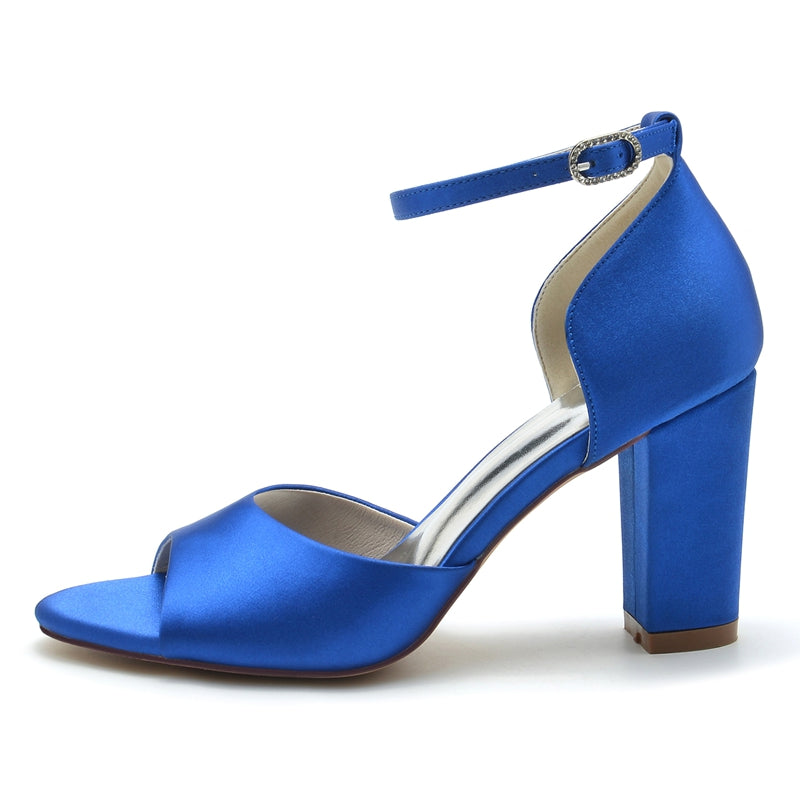 Women's Wedding Shoes Royal Blue Open Toe Block Heel Minimalism Buckle Bridal Shoes