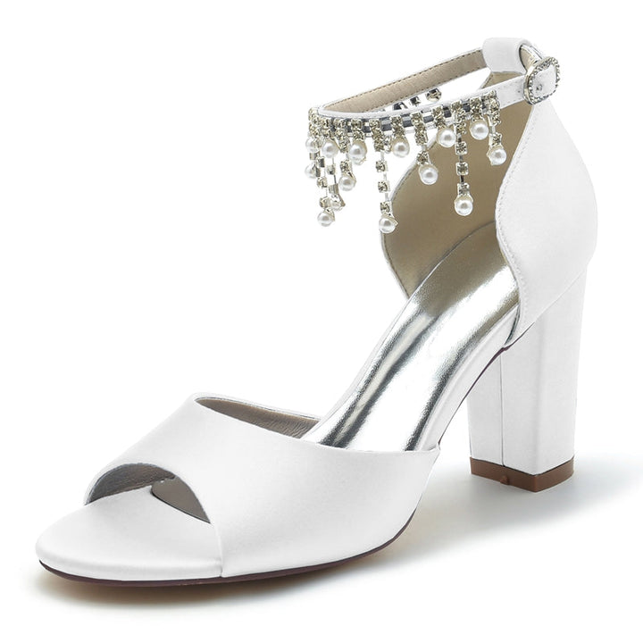Women's Wedding Shoes Peep Toe Chunky Heel Elegant Buckle Bridal Shoes with Pearl Tassel