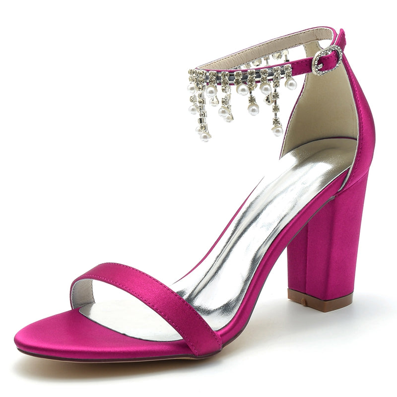 Women's Wedding Shoes Opened Toe Square Block Heel Elegant Pearl Tassel Buckle Bridal Shoes