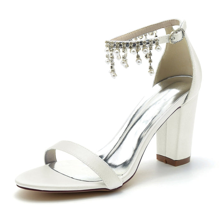 Women's Wedding Shoes Opened Toe Square Block Heel Elegant Pearl Tassel Buckle Bridal Shoes