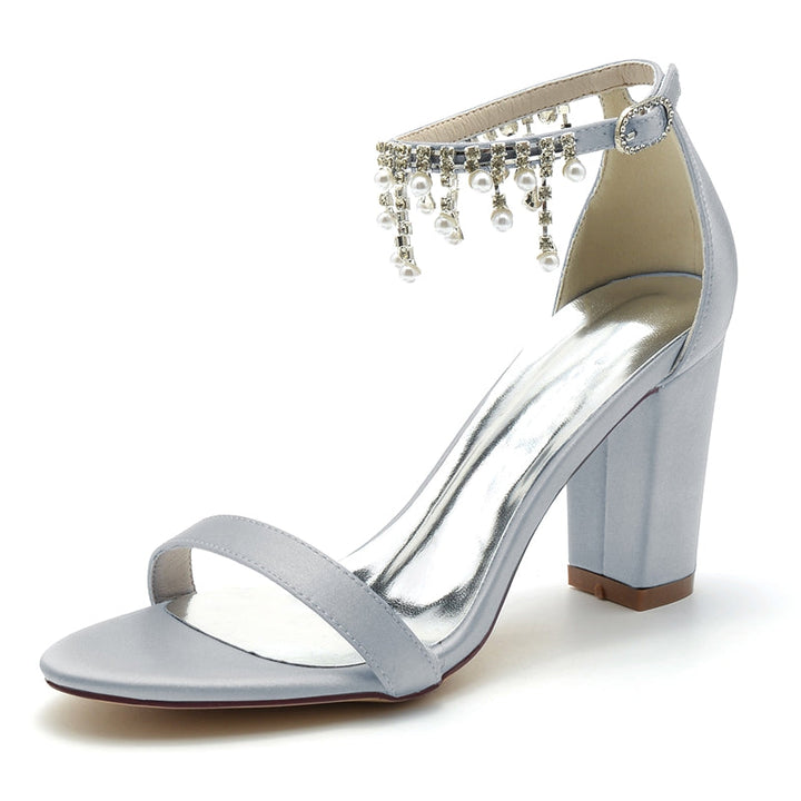 Women's Wedding Shoes Opened Toe Square Block Heel Elegant Pearl Tassel Buckle Bridal Shoes
