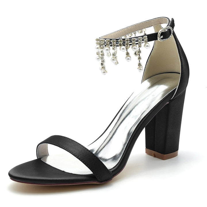 Women's Wedding Shoes Opened Toe Square Block Heel Elegant Pearl Tassel Buckle Bridal Shoes