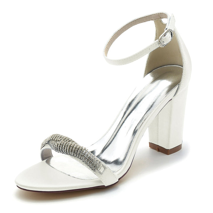 Women's Wedding Shoes Opened Toe Block Heel Chic Mini Rhinestone Buckle Bridal Shoes