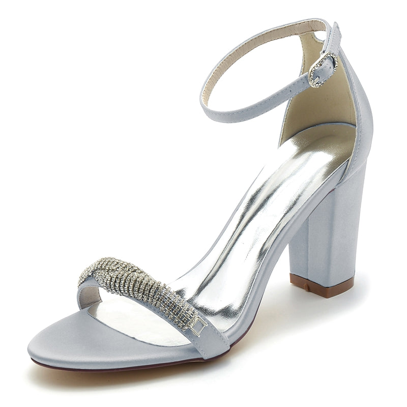 Women's Wedding Shoes Opened Toe Block Heel Chic Mini Rhinestone Buckle Bridal Shoes