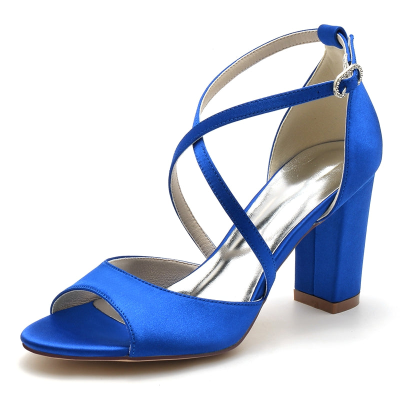 Women's Wedding Shoes Opened Toe Block Heel Crossed Straps Buckle Bridal Shoes