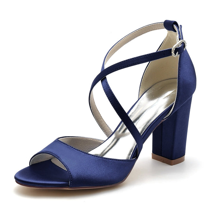 Women's Wedding Shoes Opened Toe Block Heel Crossed Straps Buckle Bridal Shoes