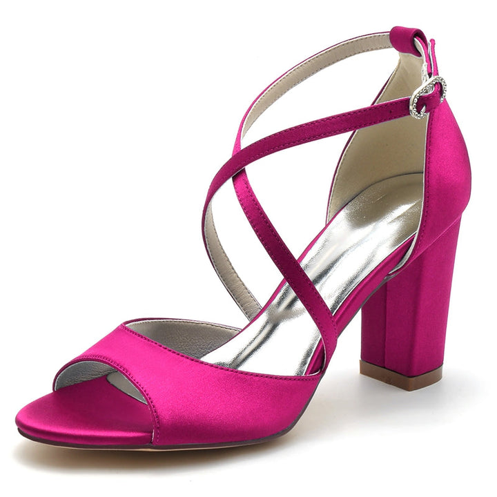 Women's Wedding Shoes Opened Toe Block Heel Crossed Straps Buckle Bridal Shoes