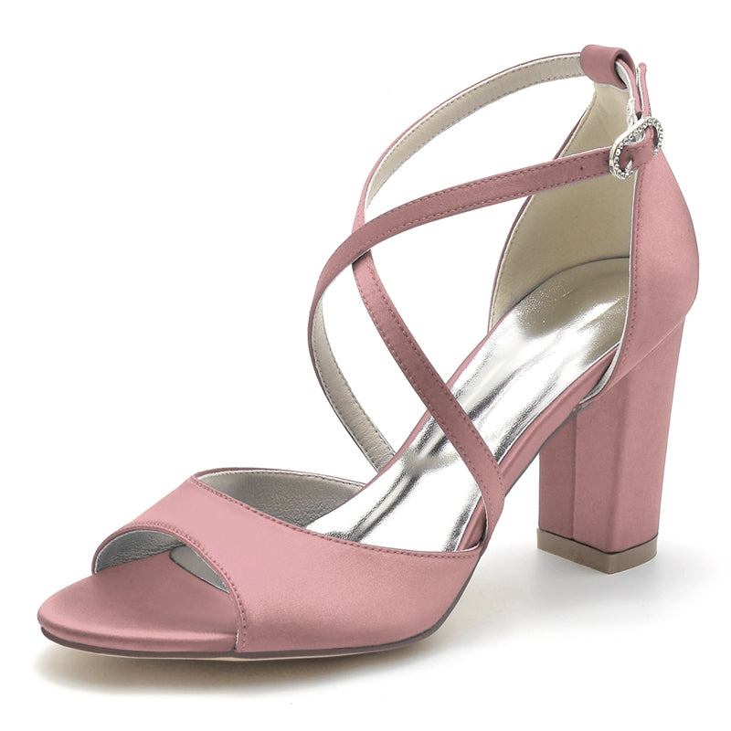 Women's Wedding Shoes Opened Toe Block Heel Crossed Straps Buckle Bridal Shoes