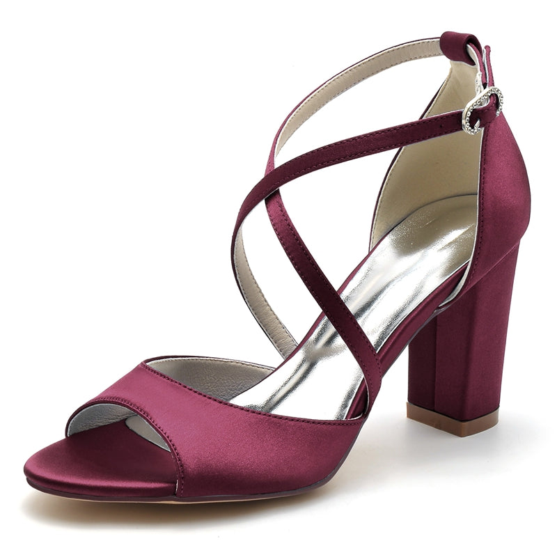 Women's Wedding Shoes Opened Toe Block Heel Crossed Straps Buckle Bridal Shoes