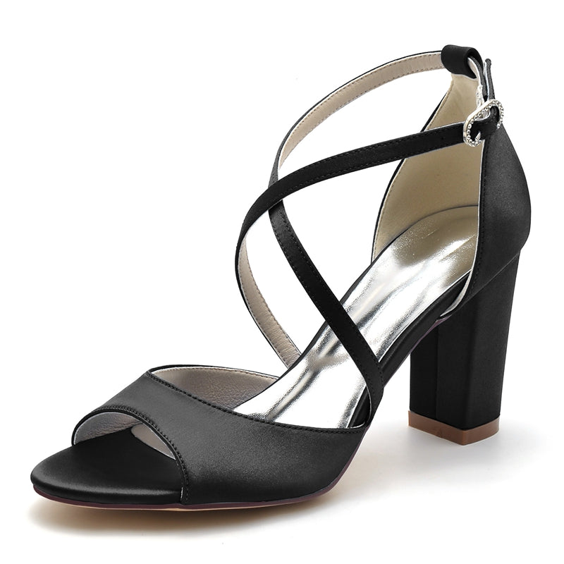 Women's Wedding Shoes Opened Toe Block Heel Crossed Straps Buckle Bridal Shoes