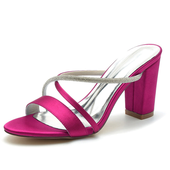 Women's Wedding Shoes Opened Toe Chunky Heel Asymmetrical Straps Slip-On Bridal Shoes
