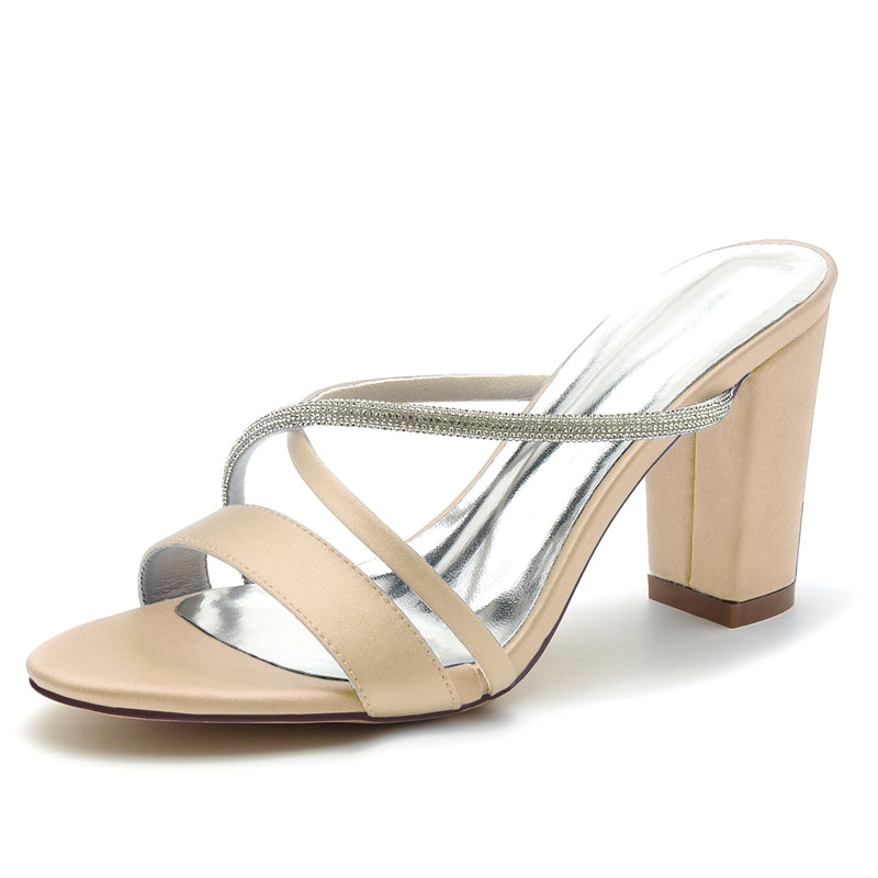 Women's Wedding Shoes Opened Toe Chunky Heel Asymmetrical Straps Slip-On Bridal Shoes