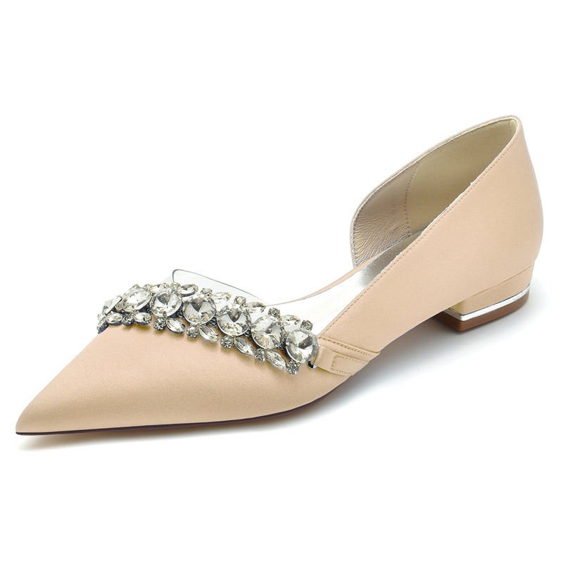 Women's Wedding Shoes Champagne Pointed Toe Low Heel Luxurious Rhinestone Bridal Shoes
