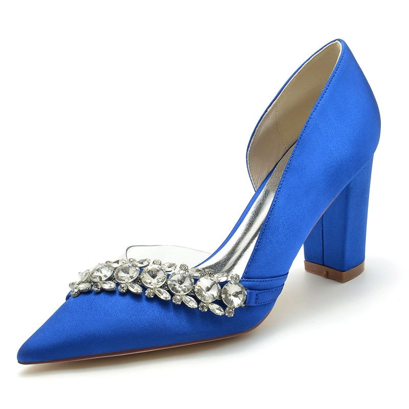 Women's Wedding Shoes Pointed Toe Block Heel Luxurious Rhinestone Bridal Shoes