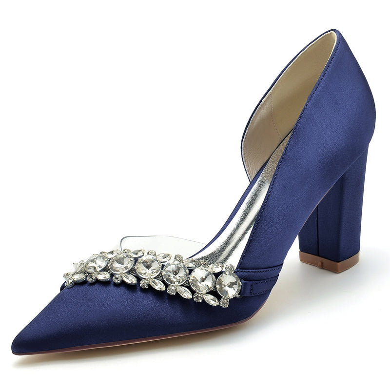 Women's Wedding Shoes Pointed Toe Block Heel Luxurious Rhinestone Bridal Shoes