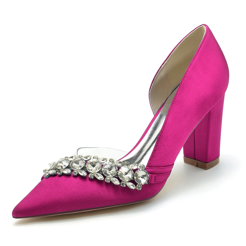 Women's Wedding Shoes Pointed Toe Block Heel Luxurious Rhinestone Bridal Shoes