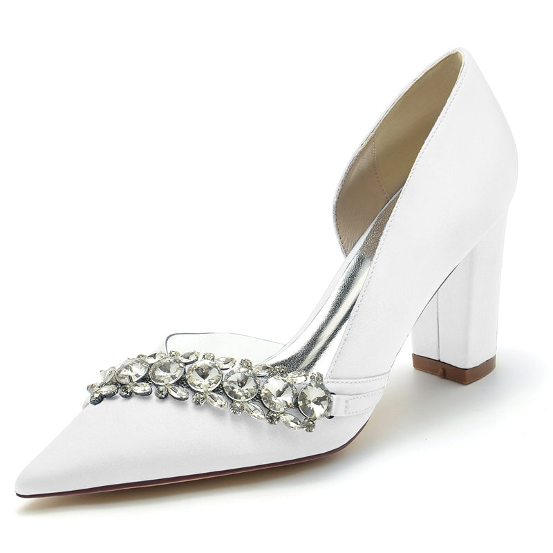 Women's Wedding Shoes Pointed Toe Block Heel Luxurious Rhinestone Bridal Shoes