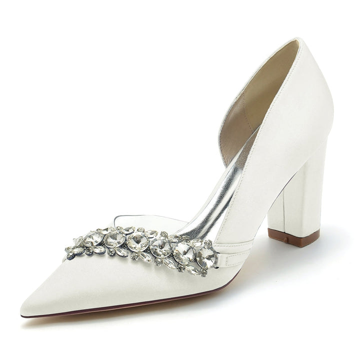 Women's Wedding Shoes Pointed Toe Block Heel Luxurious Rhinestone Bridal Shoes