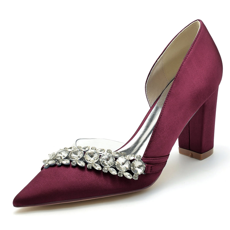 Women's Wedding Shoes Pointed Toe Block Heel Luxurious Rhinestone Bridal Shoes