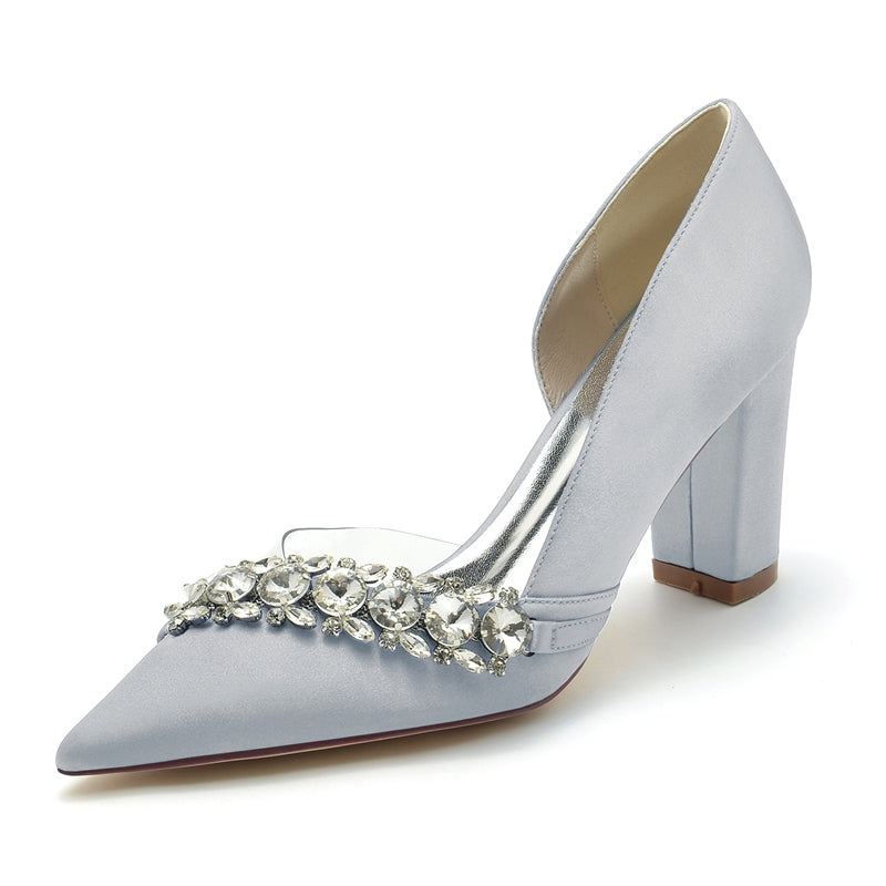 Women's Wedding Shoes Pointed Toe Block Heel Luxurious Rhinestone Bridal Shoes