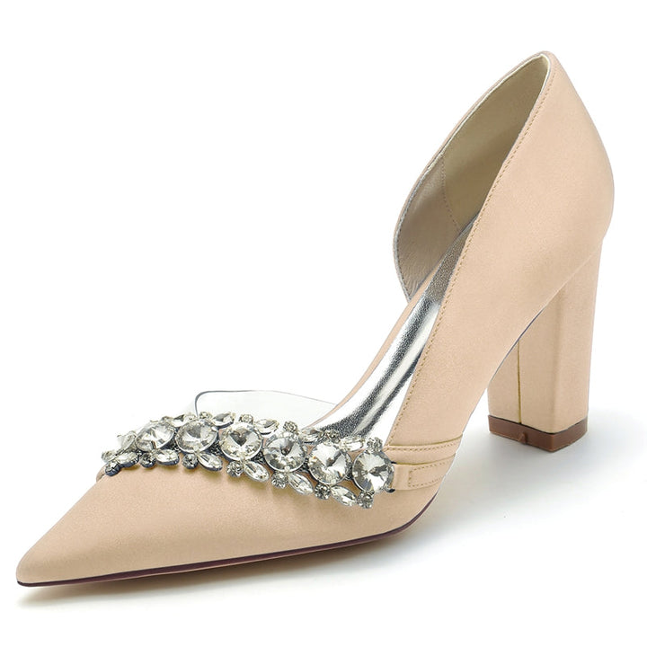 Women's Wedding Shoes Pointed Toe Block Heel Luxurious Rhinestone Bridal Shoes