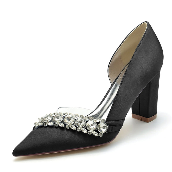 Women's Wedding Shoes Pointed Toe Block Heel Luxurious Rhinestone Bridal Shoes