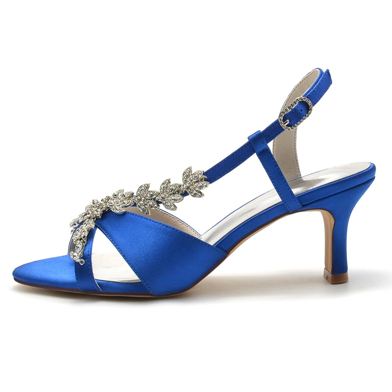 Women's Wedding Shoes Peep Toe Mid Heel Leaf Rhinestone Straps Buckle Bridal Shoes