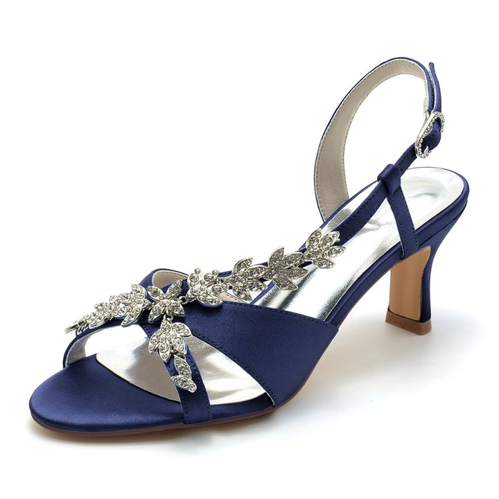 Women's Wedding Shoes Peep Toe Mid Heel Leaf Rhinestone Straps Buckle Bridal Shoes