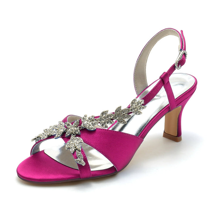 Women's Wedding Shoes Peep Toe Mid Heel Leaf Rhinestone Straps Buckle Bridal Shoes