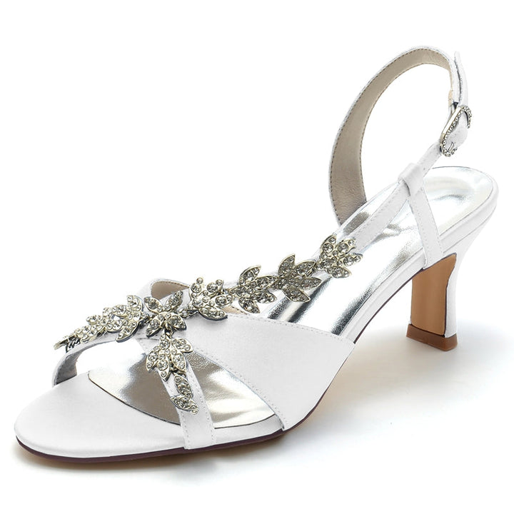 Women's Wedding Shoes Peep Toe Mid Heel Leaf Rhinestone Straps Buckle Bridal Shoes