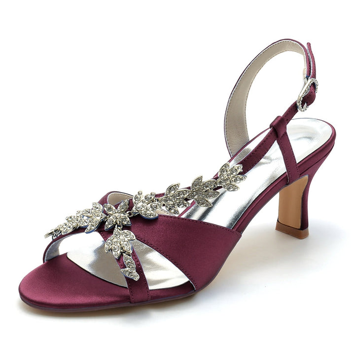 Women's Wedding Shoes Peep Toe Mid Heel Leaf Rhinestone Straps Buckle Bridal Shoes