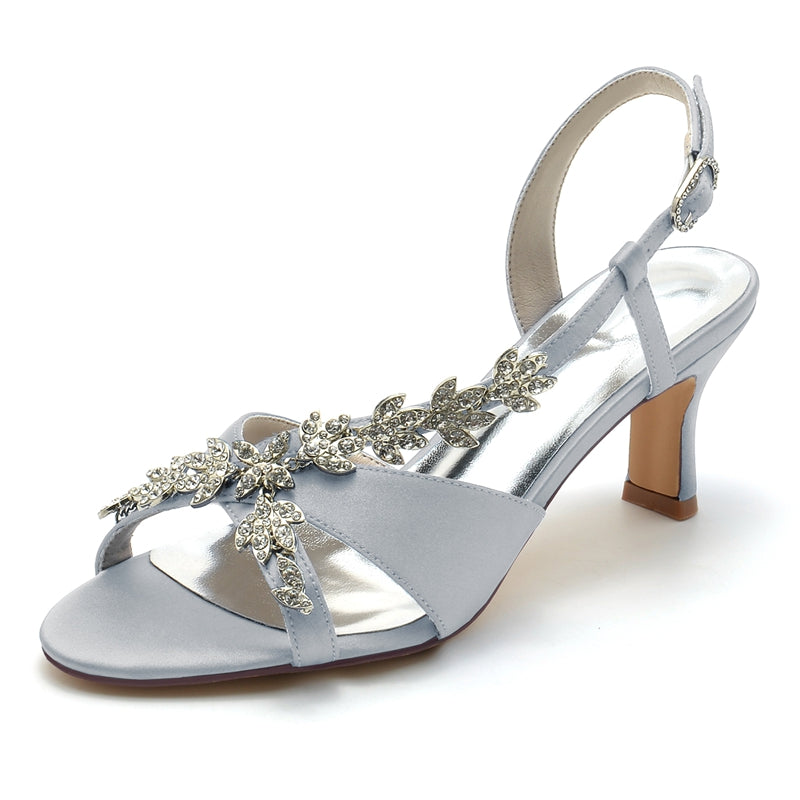 Women's Wedding Shoes Peep Toe Mid Heel Leaf Rhinestone Straps Buckle Bridal Shoes