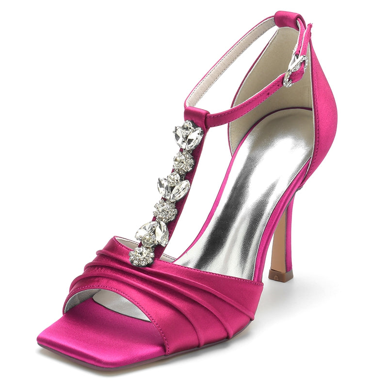 Women's Wedding Shoes Peep Toe Rhinestone Straps Buckle Bridal Shoes with Ruffles