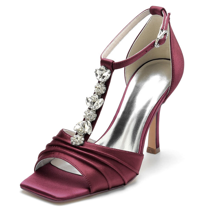 Women's Wedding Shoes Peep Toe Rhinestone Straps Buckle Bridal Shoes with Ruffles