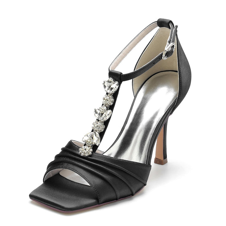 Women's Wedding Shoes Peep Toe Rhinestone Straps Buckle Bridal Shoes with Ruffles