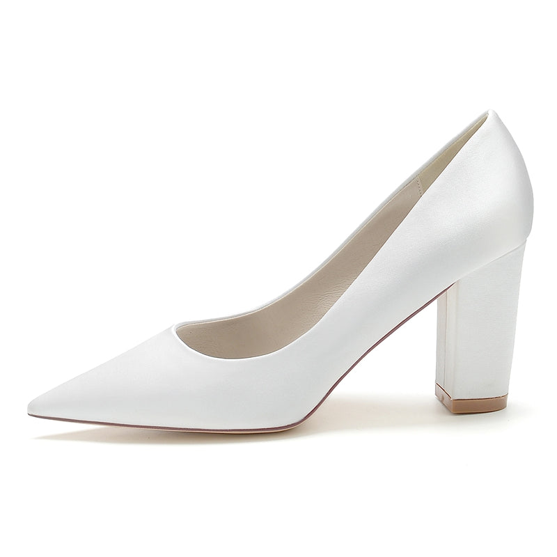 Women's Wedding Shoes White Pointed Toe Block Heel Simple Elegant Bridal Shoes