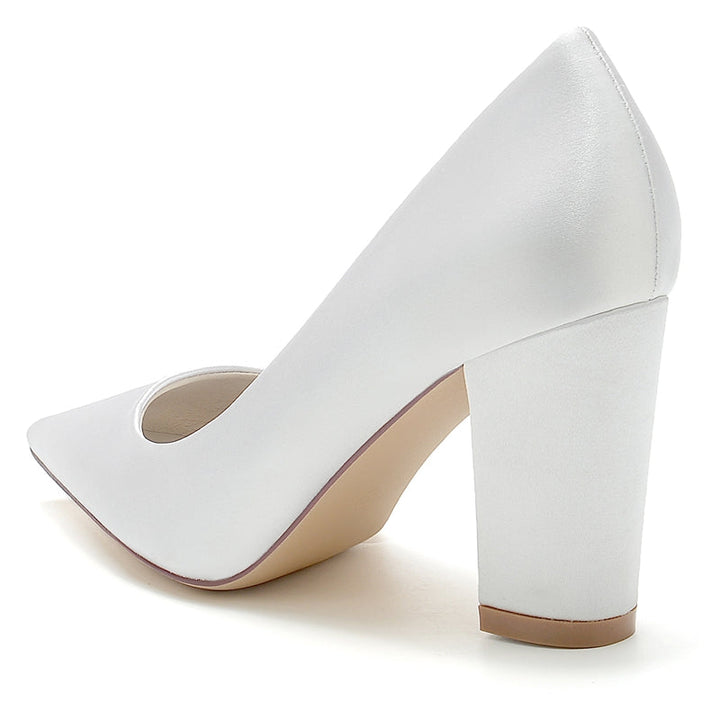 Women's Wedding Shoes White Pointed Toe Block Heel Simple Elegant Bridal Shoes