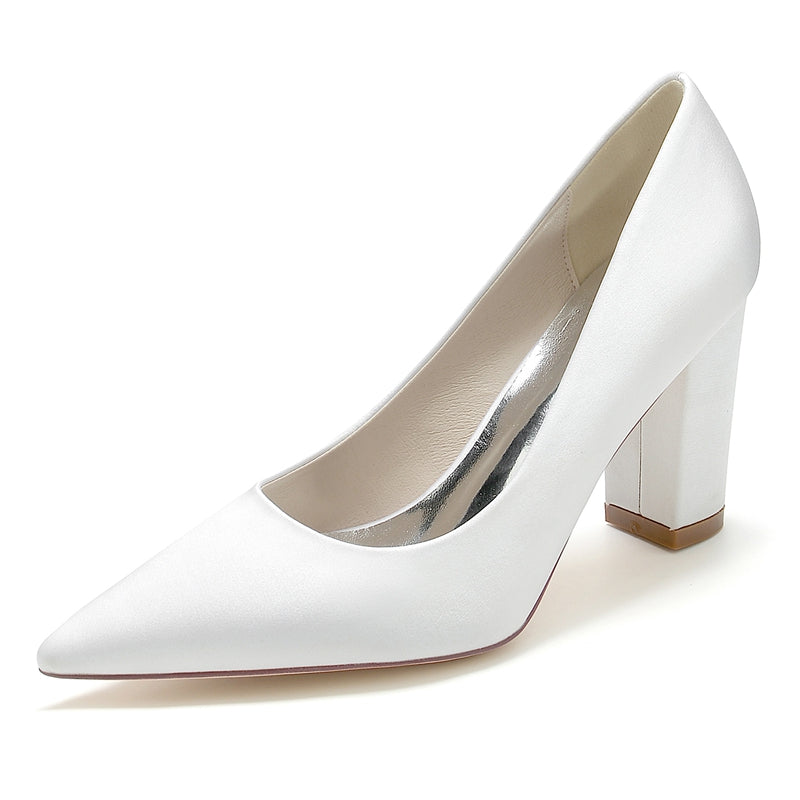 Women's Wedding Shoes White Pointed Toe Block Heel Simple Elegant Bridal Shoes