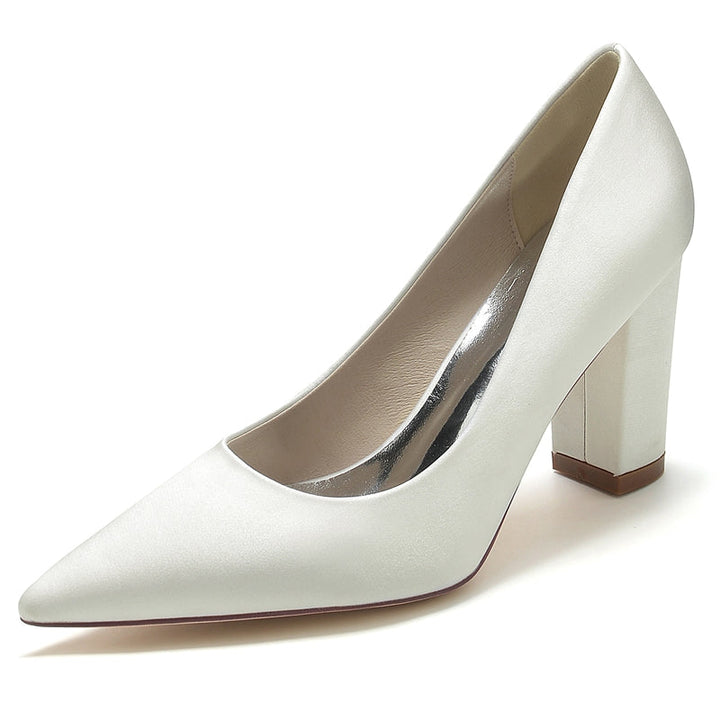 Women's Wedding Shoes White Pointed Toe Block Heel Simple Elegant Bridal Shoes