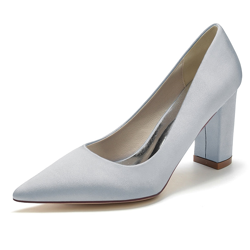 Women's Wedding Shoes White Pointed Toe Block Heel Simple Elegant Bridal Shoes